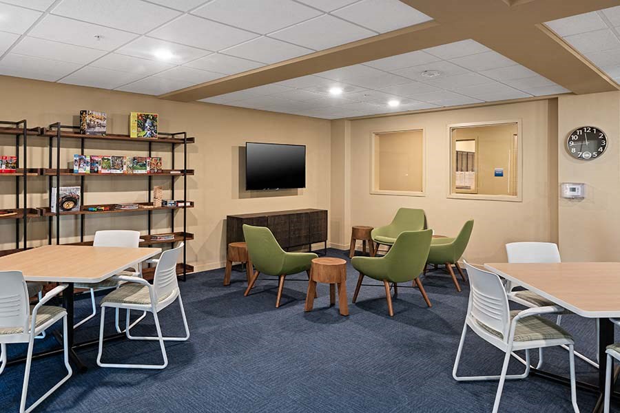 Large room with tables and shelves