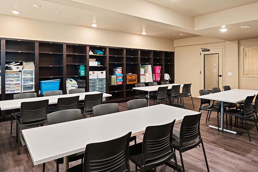 Large room with tables and shelves