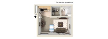 A 3D rendered image of a small apartment with a living room, kitchen, and bathroom.