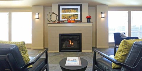 A living room with a fireplace and two chairs.