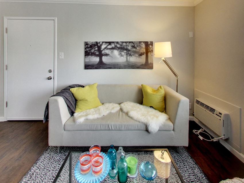 The Post Apartments living area with ac unit