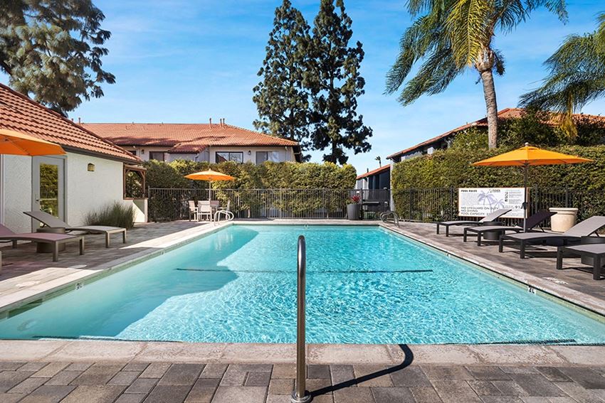 Pool with lounge chairs and umbrellas