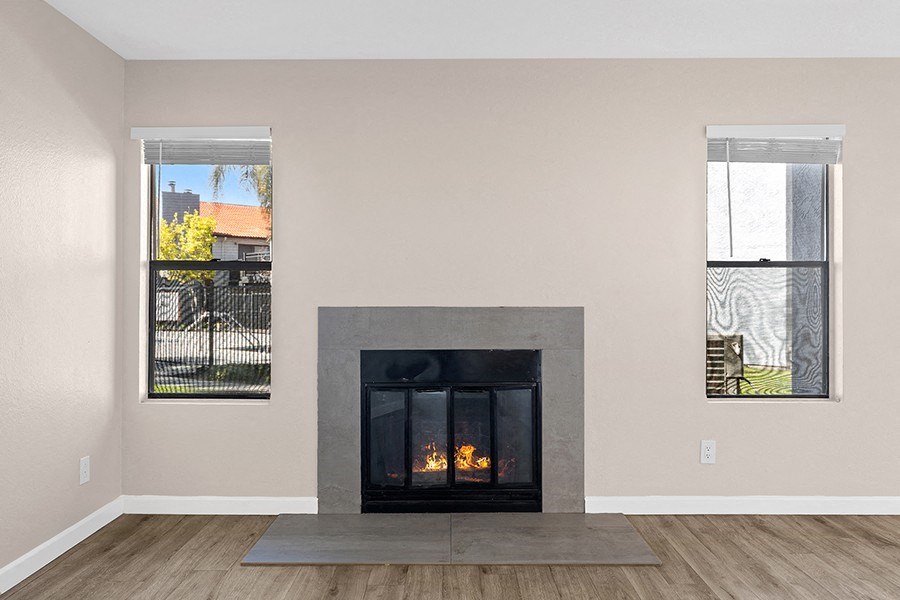 Fireplace near windows