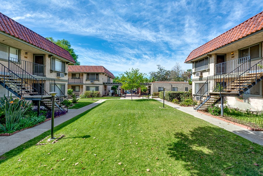 Exterior of buildings with large grass areas