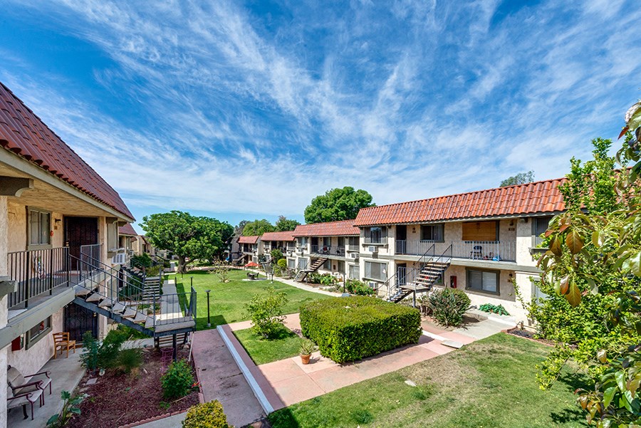 Exterior of buildings with large grass areas