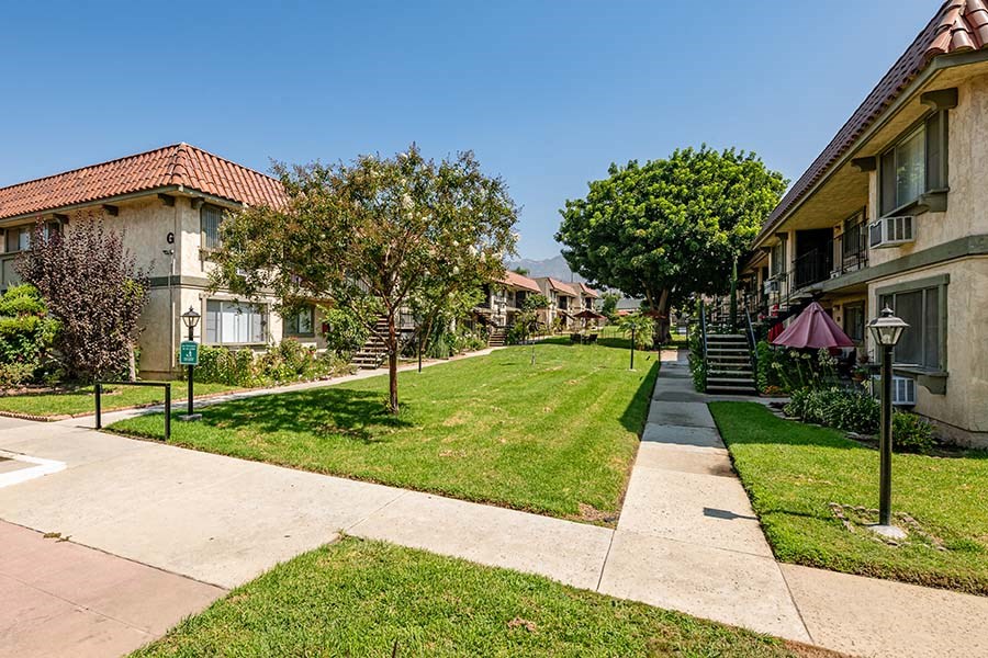 Exterior of buildings with large grass areas