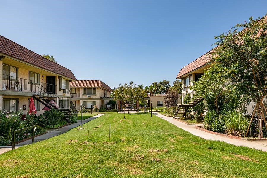 Exterior of buildings with large grass areas