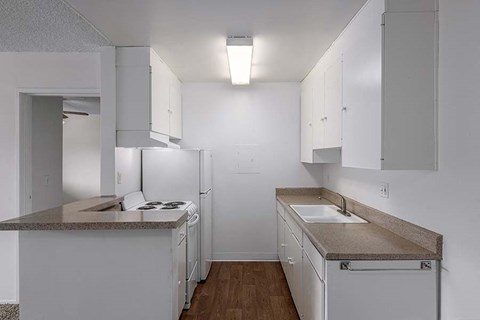 a white kitchen with a stove and a refrigerator