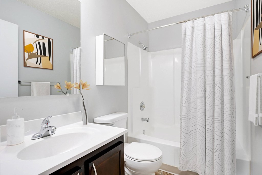 Stratford Wood Apartments and Townhomes in Minnetonka, MN Photo of a bathroom with a sink and a toilet and a shower