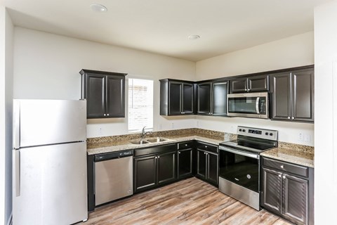 a kitchen with black cabinets and stainless steel appliances