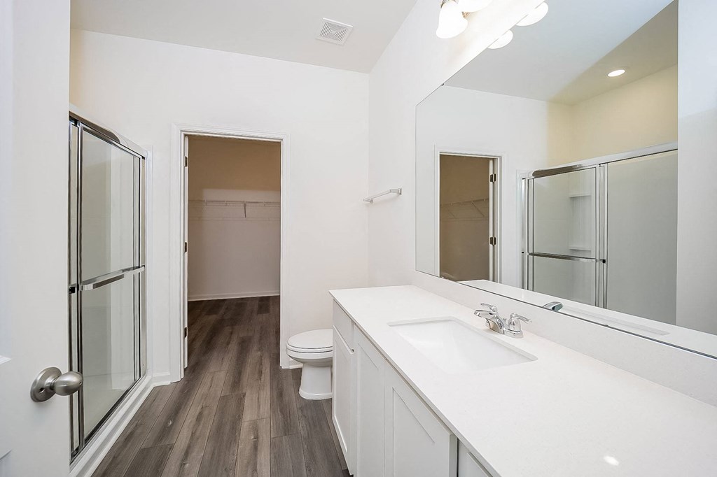 a bathroom with a sink and a shower and a toilet