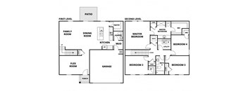 a floor plan of a house with two floors and a garage