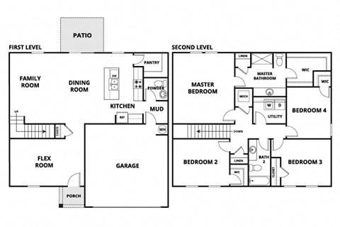 a floor plan of a house with two floors and a garage
