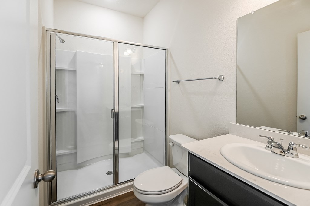 a bathroom with a shower and a sink and a toilet
