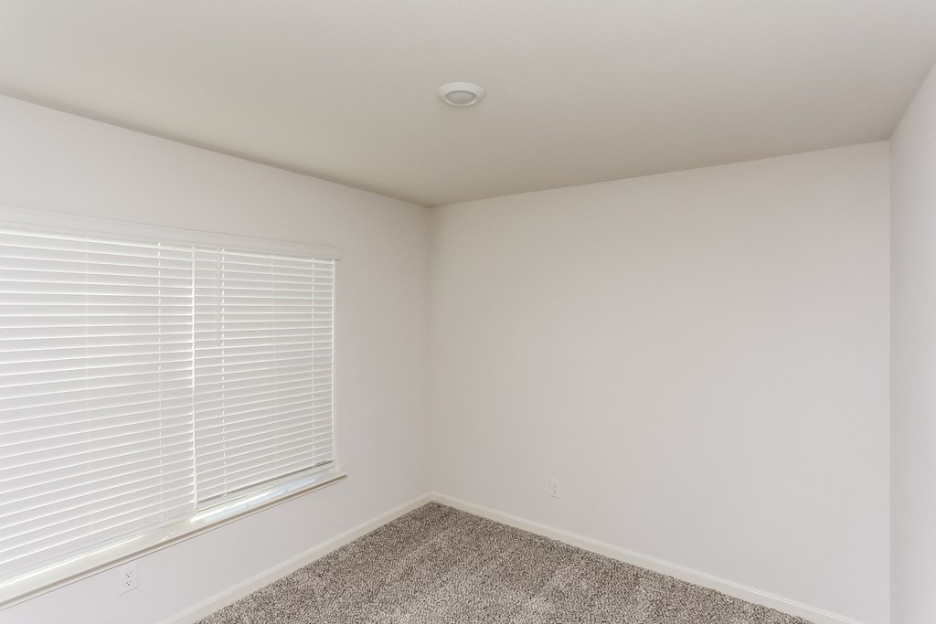 an empty room with a large window and a carpet