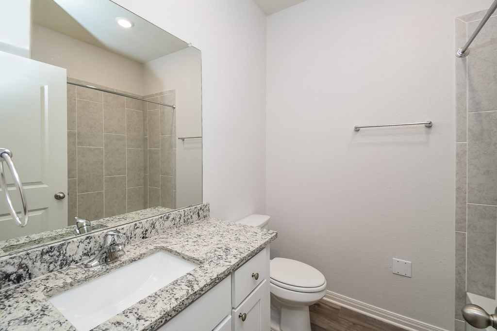 Three Bedroom single family homes for rent in fort Worth, TX- Oak Ridge - An interior shot of the bathroom featuring granite countertops and a large mirror