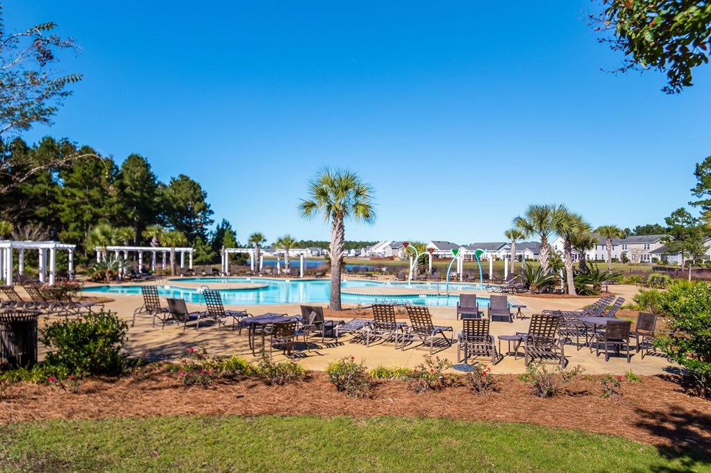 a resort style pool with chairs and palm trees
