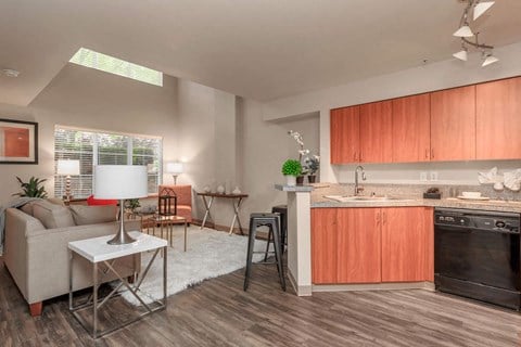 a living room and kitchen with a couch and a table