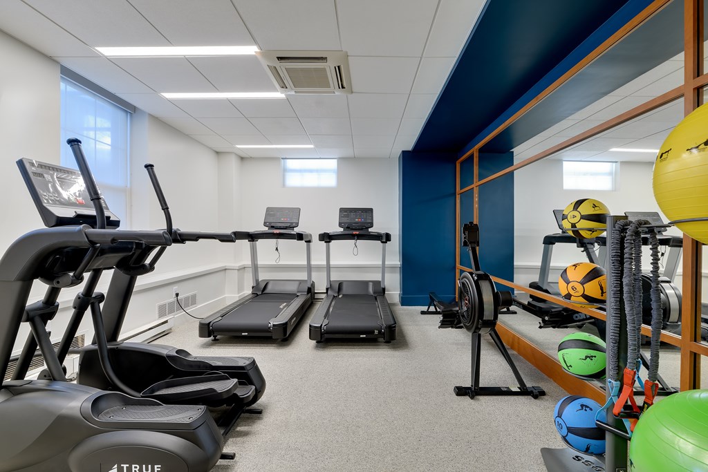 Modern gym with elliptical, treadmills, rowing machine, medicine balls, and mirror.