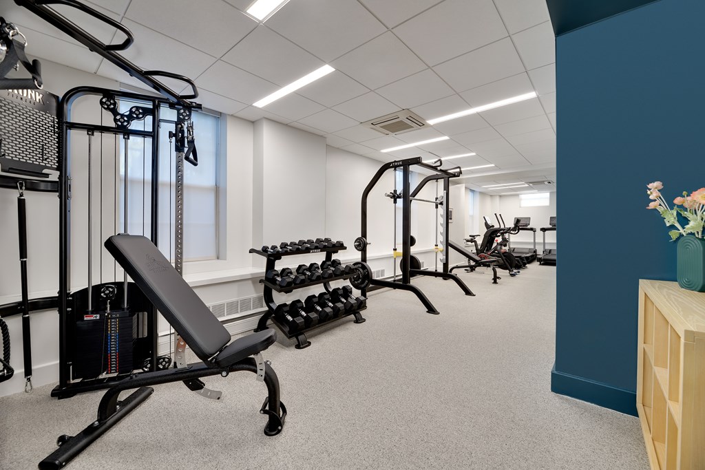 A gym with a variety of equipment including a bench press, dumbbells, and a pull up bar.