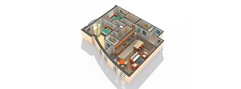 A 3D image of a house with a kitchen, living room, and bedrooms.