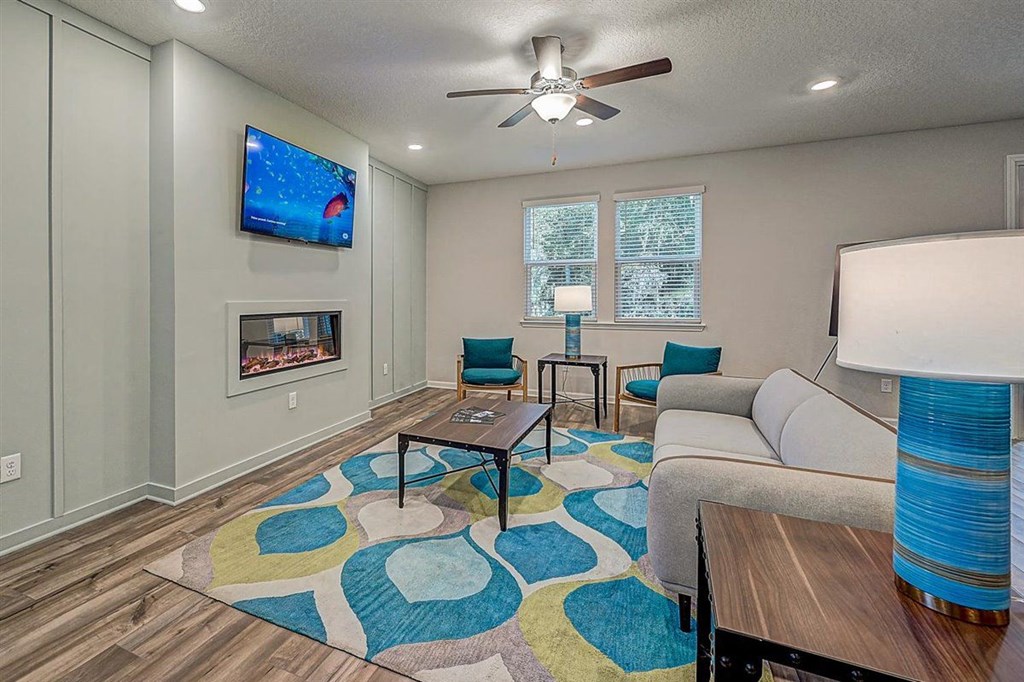 Modern living room with fireplace, television showing underwater scene, and colorful rug.