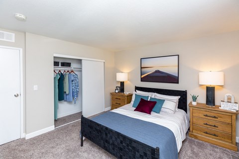 1-BR Apartments In Moreno Valley, CA - Sorelle Apartments - Spacious Bedroom With Plush Carpet Flooring And Closet With Sliding Door.