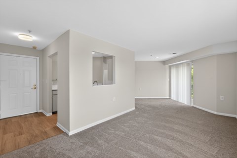 A spacious room with a carpeted floor and a door on the left side.
