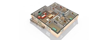 A 3D rendered image of a house layout.