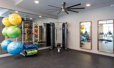 A gym with a variety of equipment including a treadmill, exercise balls, and mirrors.