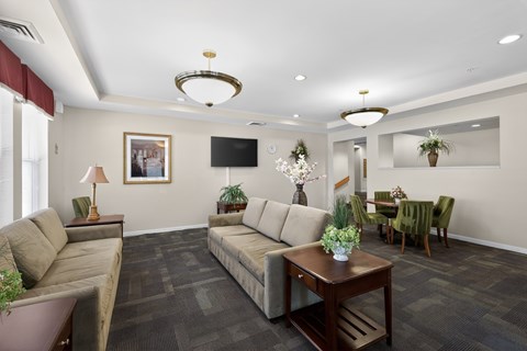 A living room with a grey carpet and furniture.