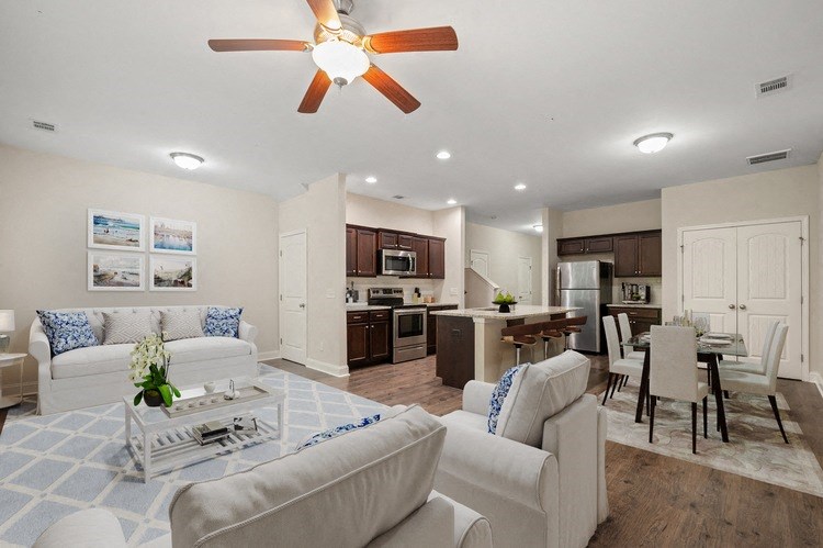 Omnia at Richmond Hill Townhomes in Georgia photo of a living room and kitchen.