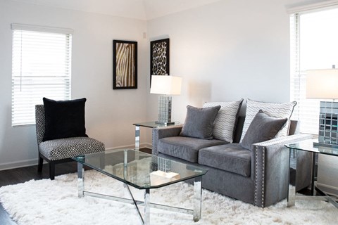 Two-Bedroom Apartments in Humble, TX - Edgewater at the Lagoon - Living Room with Vinyl Plank Flooring, Fluffy White Area Rug, Glass Cofee Table, End Tables with Lamps, Grey Couch, Graphic Cushioned Chair, Two Windows, and Framed Wall Art.