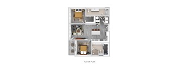 A floor plan of a house with a living room, kitchen, and two bedrooms.