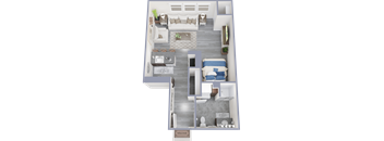 A 3D floor plan of a house with a living room, kitchen, and bathroom.