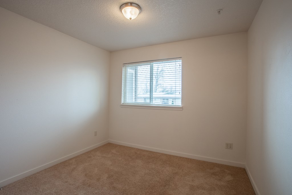 an empty living room with a window and carpet