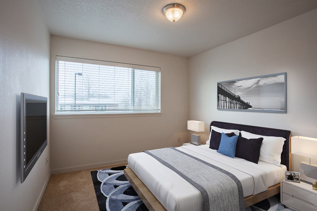 a bedroom with a large bed and a tv