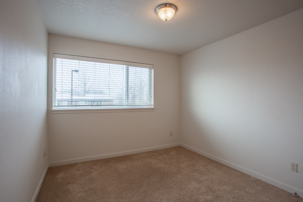 an empty living room with a window and carpet