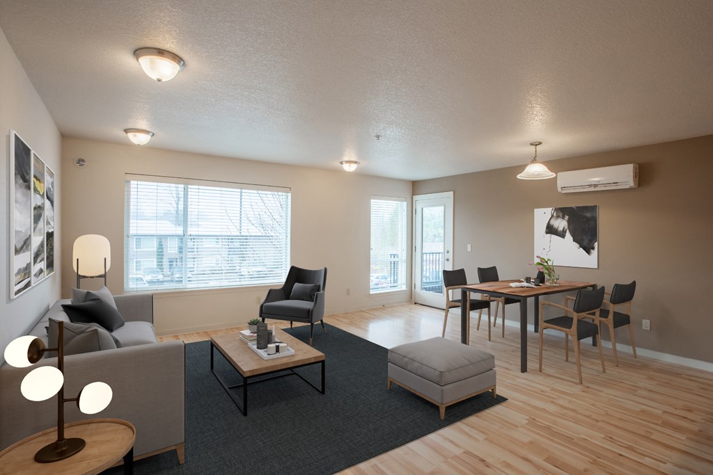 a living room and dining room in an apartment