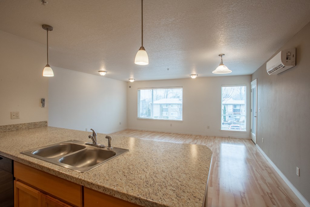 an empty kitchen with a sink and a window