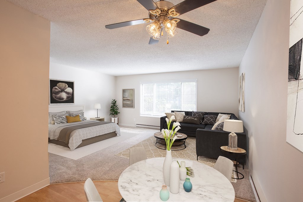 studio bedroom with large windows