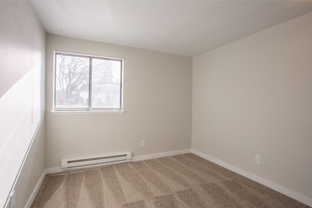 an empty room with carpet and a window