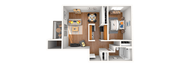 A 3D rendered image of a small apartment layout.