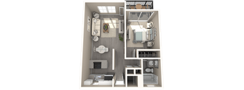 A 3D floor plan of a small apartment with a kitchen, living room, and bathroom.