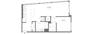 A floor plan of a house with a living room, dining room, bedroom, and kitchen.