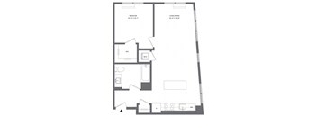 A floor plan of a house with a bedroom, living/dining area, and a kitchen.