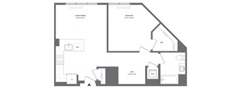 A floor plan of a house with a living room, bedroom, den, and a workspace.