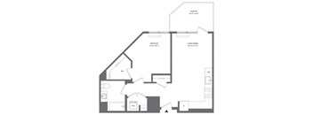 A black and white image of a house floor plan with a terrace, bedroom, living/dining area, and a kitchen.
