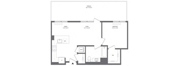 A floor plan of a house with a dining room, living room, and bedroom.