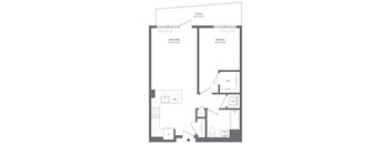 A floor plan of a small apartment with a living room, dining room, bedroom, and bathroom.